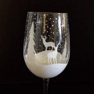 Wine Glass Hand Painted Winter White Reindeer Deer Snowy Pine Trees Snowflakes Holiday Seasonal Christmas Stemware Unique Stylish Barware