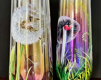 Mushroom Dandelion Ladybug Make a Wish Iridescent Champagne Flutes Hand Painted Glass Nature Outdoorsy Unique Design Purple Green Plant Art