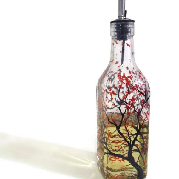 Oil Vinegar Dispenser Liquid Soap Kitchen Storage Fall Autumn Hand Painted Bottle Falling Leaves Tree Branches October Stylish Bathroom Art