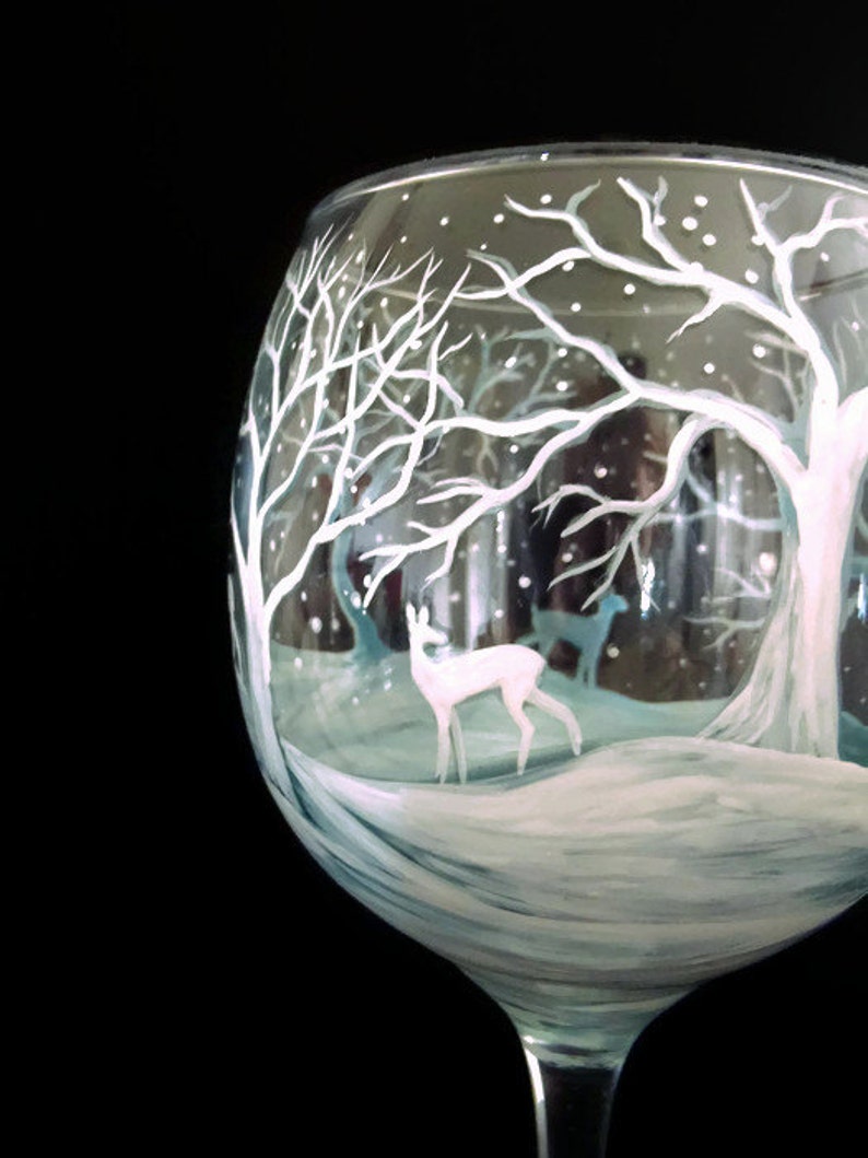 Winter Wine Glass Hand Painted White Reindeer Snow Capped Pine Etsy