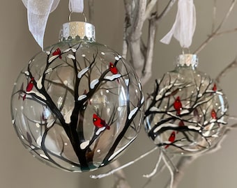 Red Cardinal Winter Ornament Snowy Tree Branch Holiday Gift Hand Painted Christmas White December Glass Personalized Unique Bird Collectible