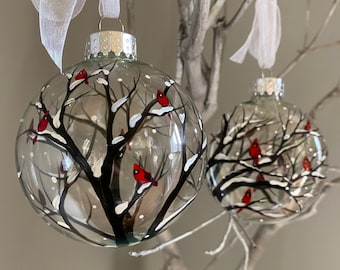 Red Cardinal Winter Hand Painted Glass Ornament