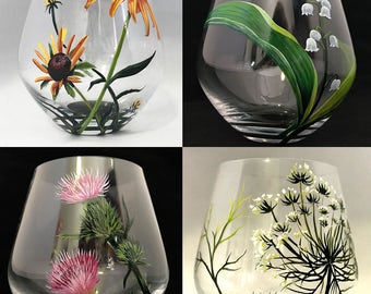 Wildflowers Hand Painted Stemless Wine Glasses Prairie Flowers Lily Thistle Coneflower Queen Anne Lace Unique Glassware Set Country Chic Art