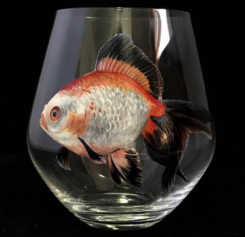 Gold Fish Bowl Stemless Red Wine Glass Hand Painted Unique Etsy