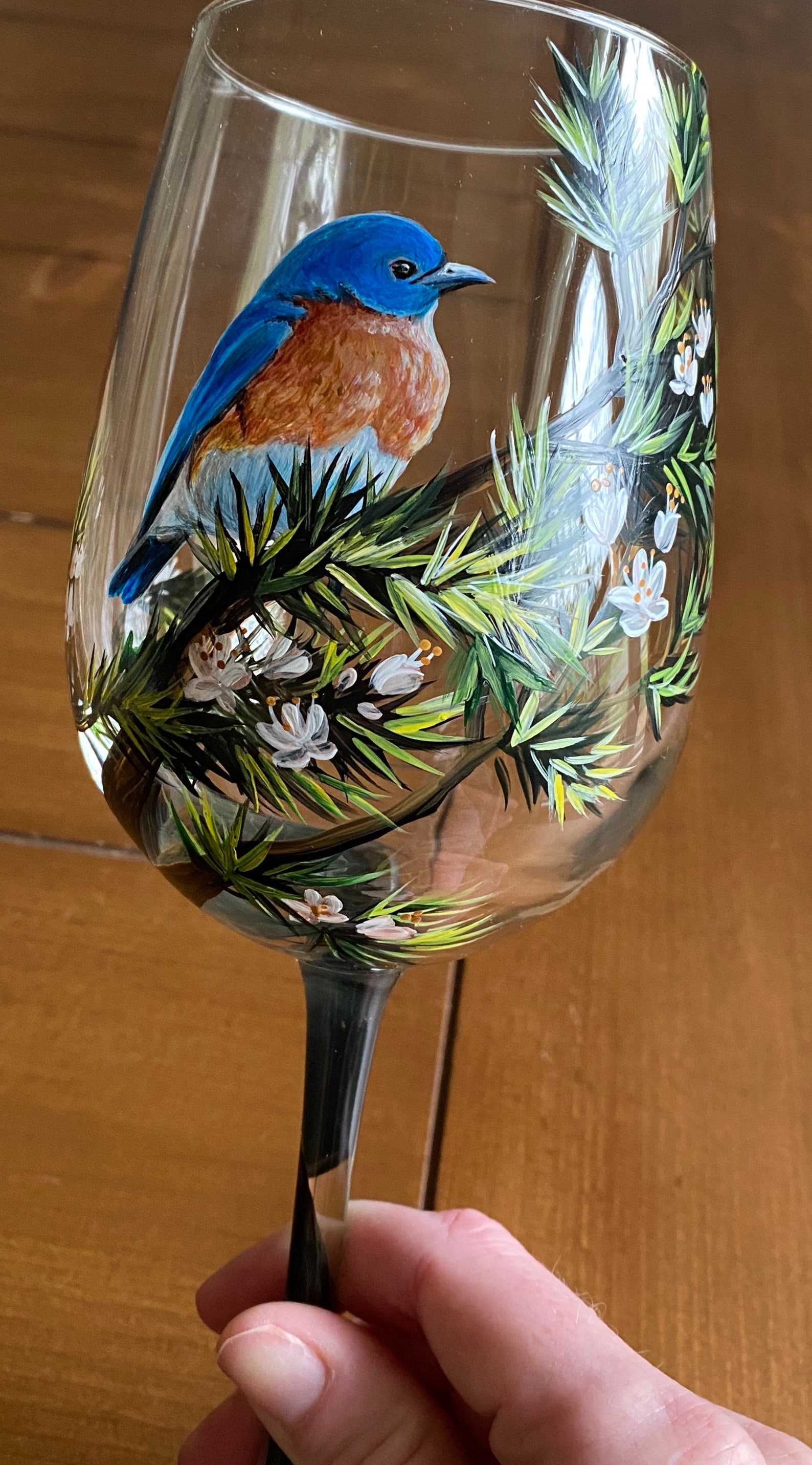 Blue Bird Wine Glass Hand Painted White Cherry Blossom Spring Etsy