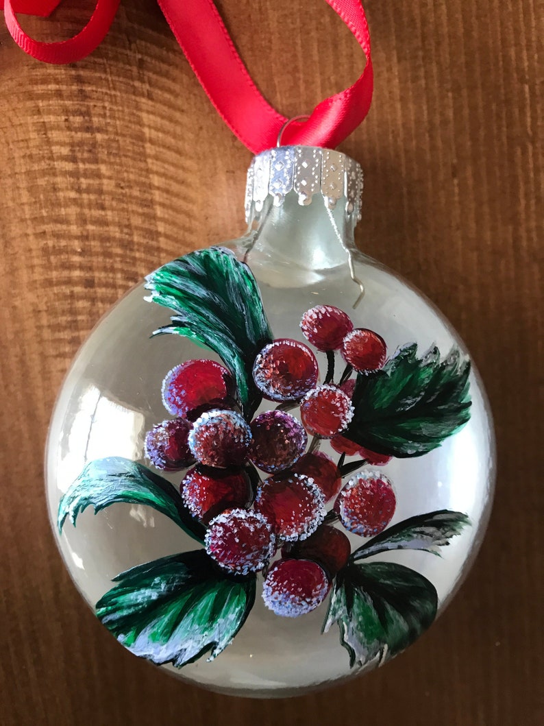 Mistletoe Christmas Tree Ornament Hand Painted on Glass Red Etsy
