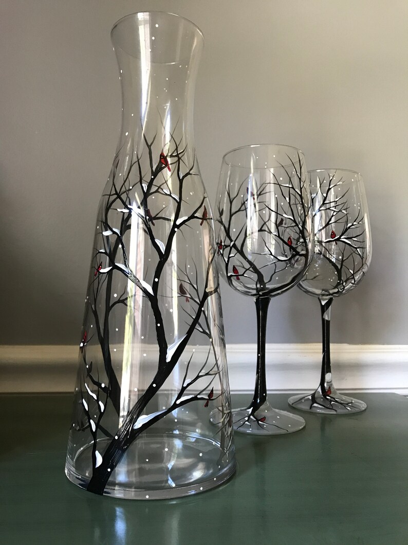 Wine Carafe and Glass Set Winter Cardinal Snowy Tree Branches Etsy