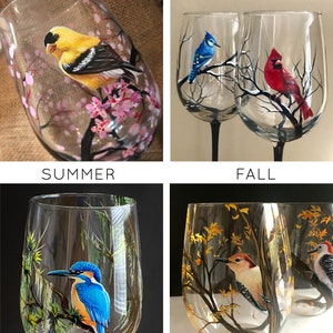 Bird Wine Glasses Seasonal Winter Summer Spring Fall Collectible Custom Made to Order Nature Unique Gift Realistic Hand Painted Cardinal Art
