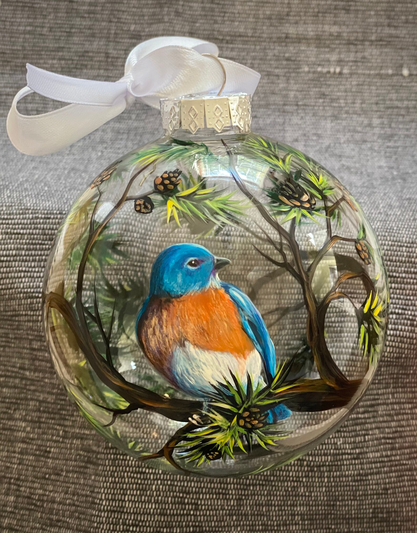 Blue Bird Christmas Tree Ornament Hand Painted Glass Green - Etsy