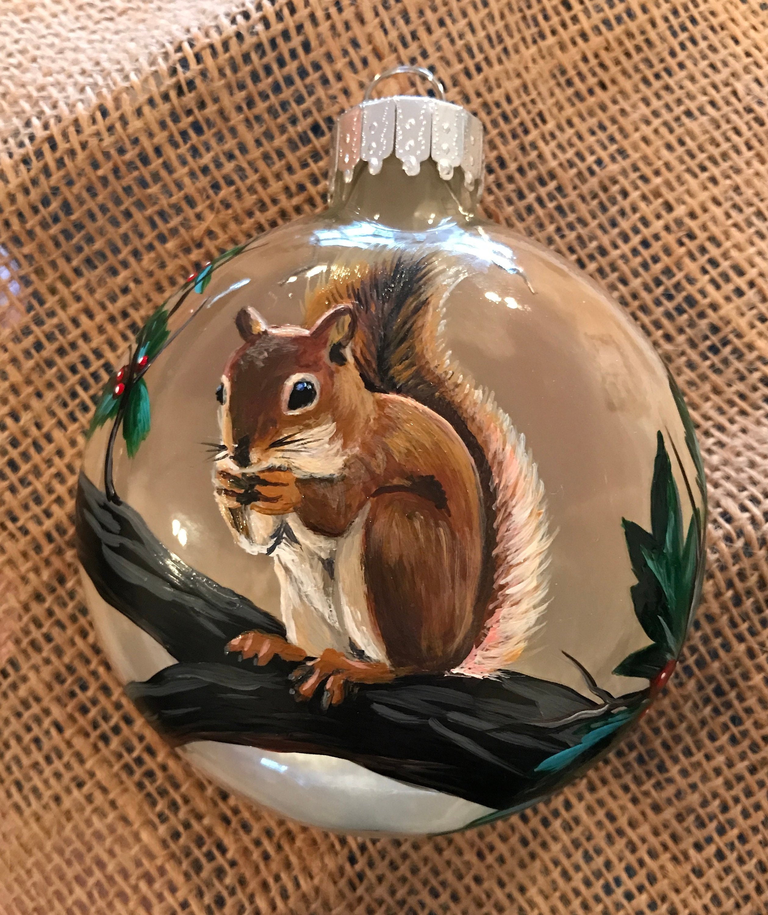 Squirrel Christmas Ornament Hand Painted Glass Woodland Etsy