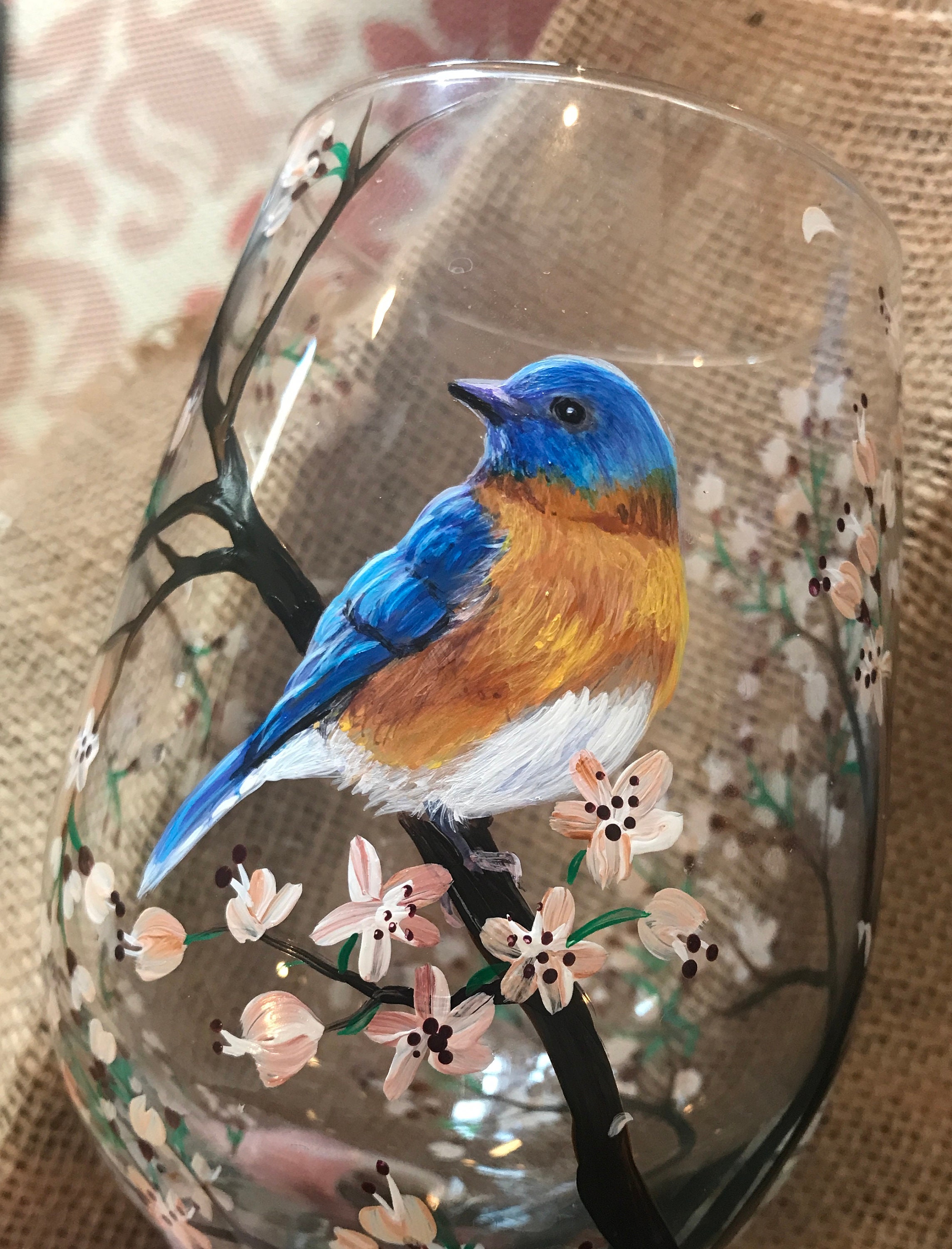 Blue Bird Wine Glass Hand Painted White Cherry Blossom Spring Etsy