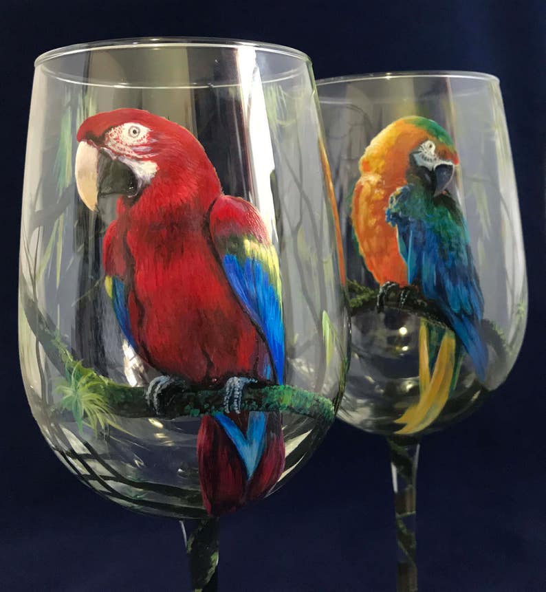 Parrot Wine Glass Hand Painted Blue and Yellow Scarlet Macaw Etsy