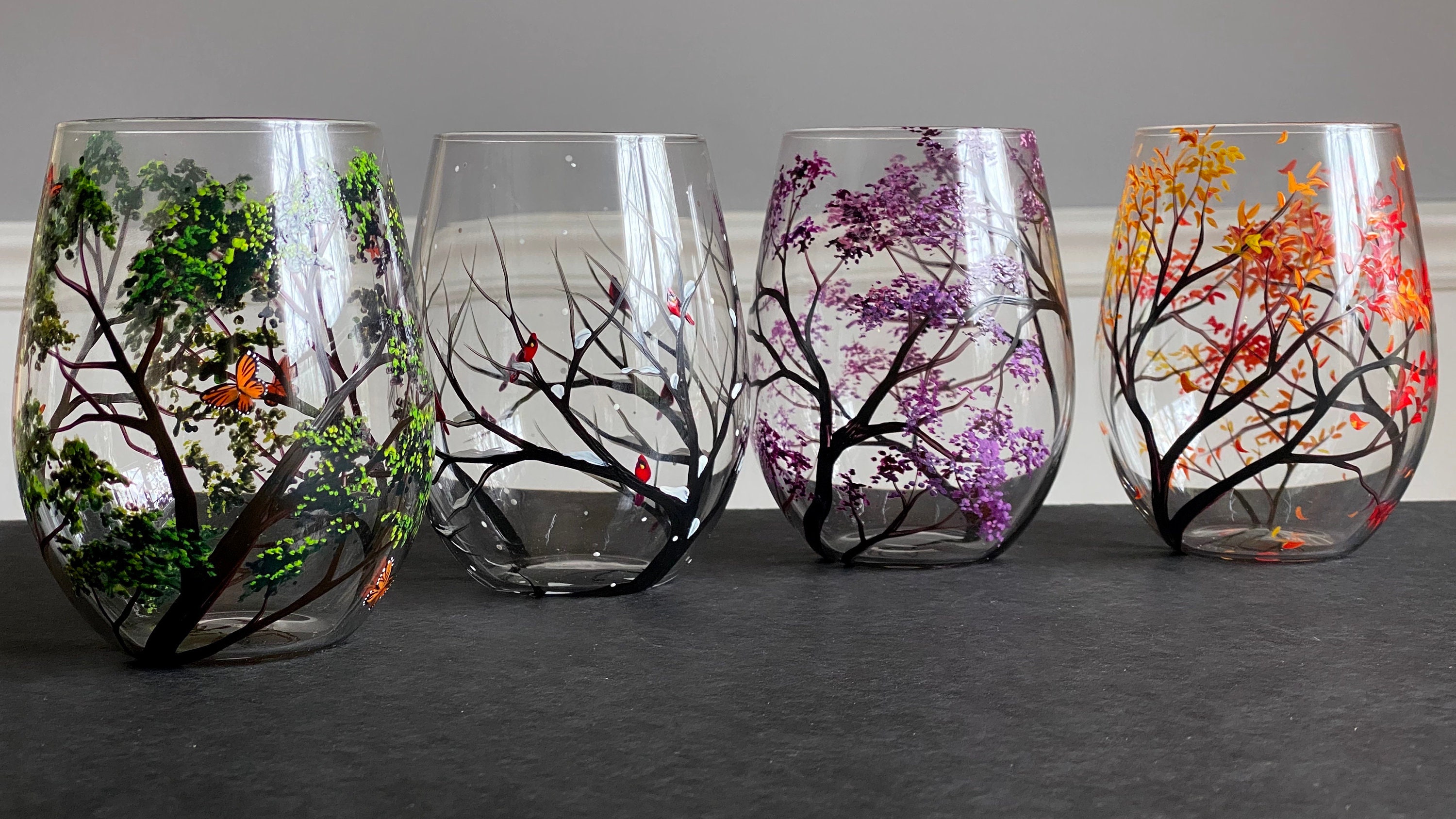 Art & Artifact Seasons Wine Glasses - Set of 4 Stemmed Drinkware, Seasonal Tree Art Design