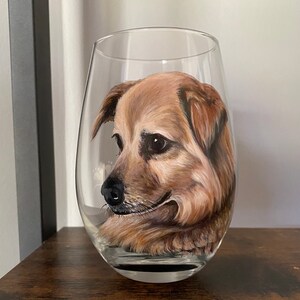 Pet Portrait Hand Painted Glassware Wine Glass Dog Cat Animal Memorial Collectible Unique Gift Beer Mug Personalized Custom from your Photos 20 oz. Stemless