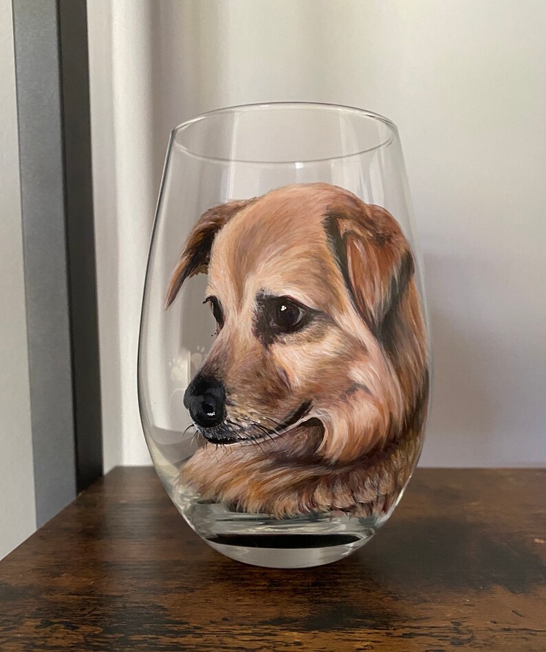 Pet Portrait Hand Painted Glassware Wine Glass Dog Cat Animal Memorial Collectible Unique Gift Beer Mug Personalized Custom from your Photos 20 oz. Stemless