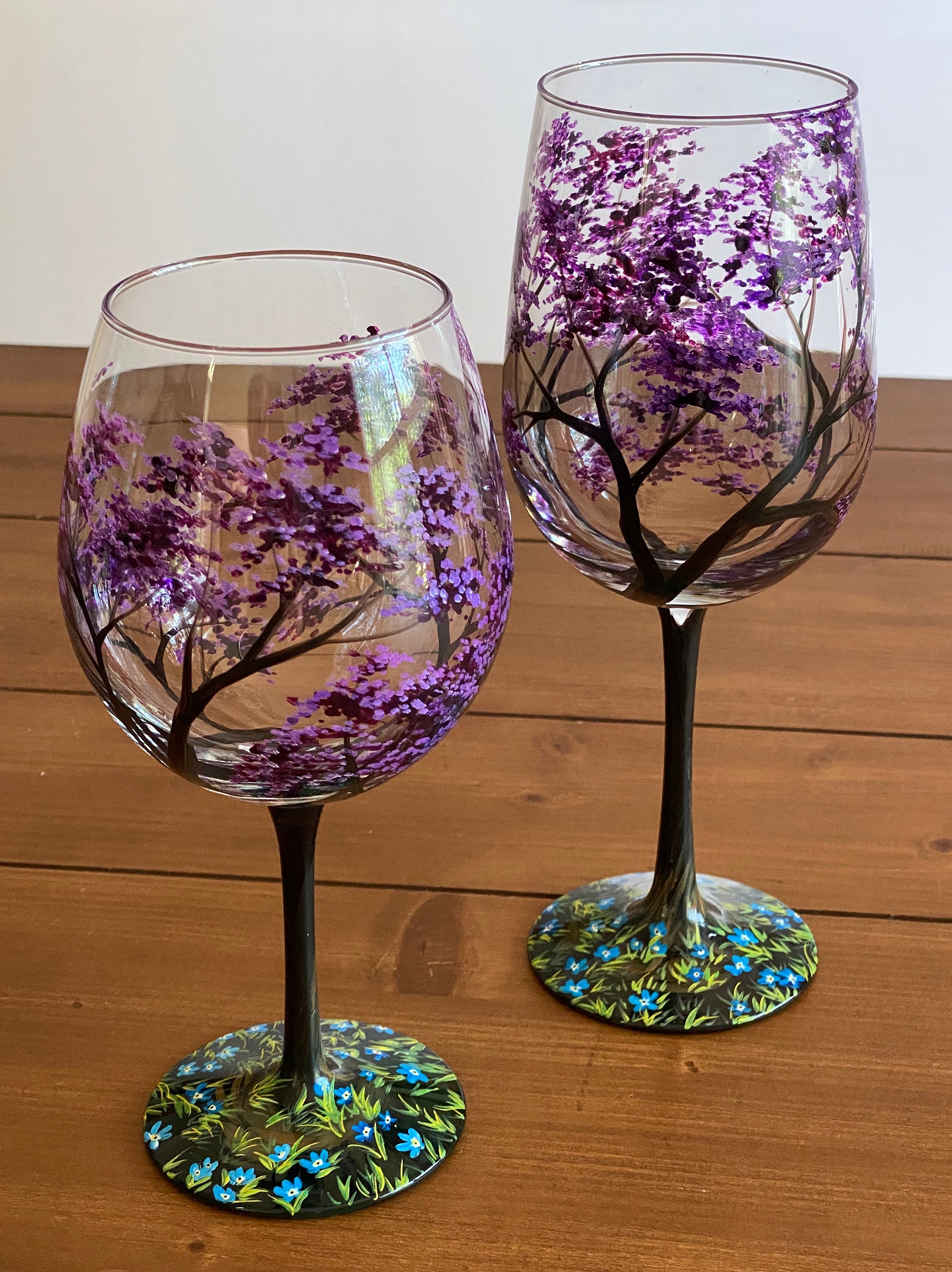 ART & ARTIFACT Four Seasons Tree Wine Glasses Set of 4 Unique Hand Painted  Wine Glasses with Stem, 10 Inch, 22 Ounce 