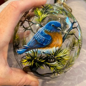 Blue Bird Christmas Tree Ornament Hand Painted Glass Green Pine Sphere ...
