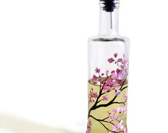 Cherry Blossom Dispenser Hand Painted Oil and Vinegar Bottle Kitchen Container Stylish Storage Floral Pink Flowers Tree Branches Japanese