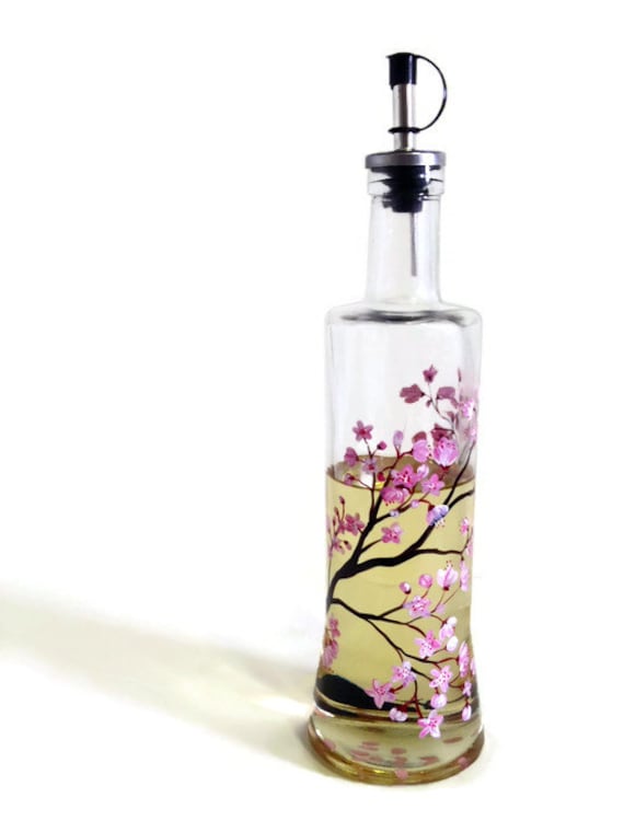 Cherry Blossom Dispenser Hand Painted Oil and Vinegar Bottle Kitchen  Container Stylish Storage Floral Pink Flowers Tree Branches Japanese -   Israel