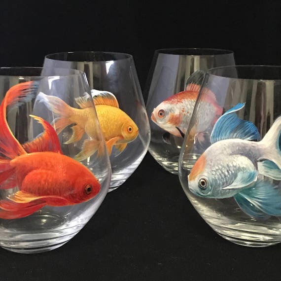Gold Fish Bowl Stemless Red Wine Glass Hand Painted Unique