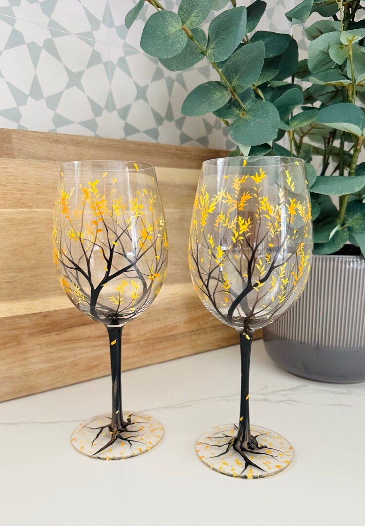 Hand Painted Wine Glasses: Autumn Falling Leaves, Custom Ombre Stemware -  Etsy