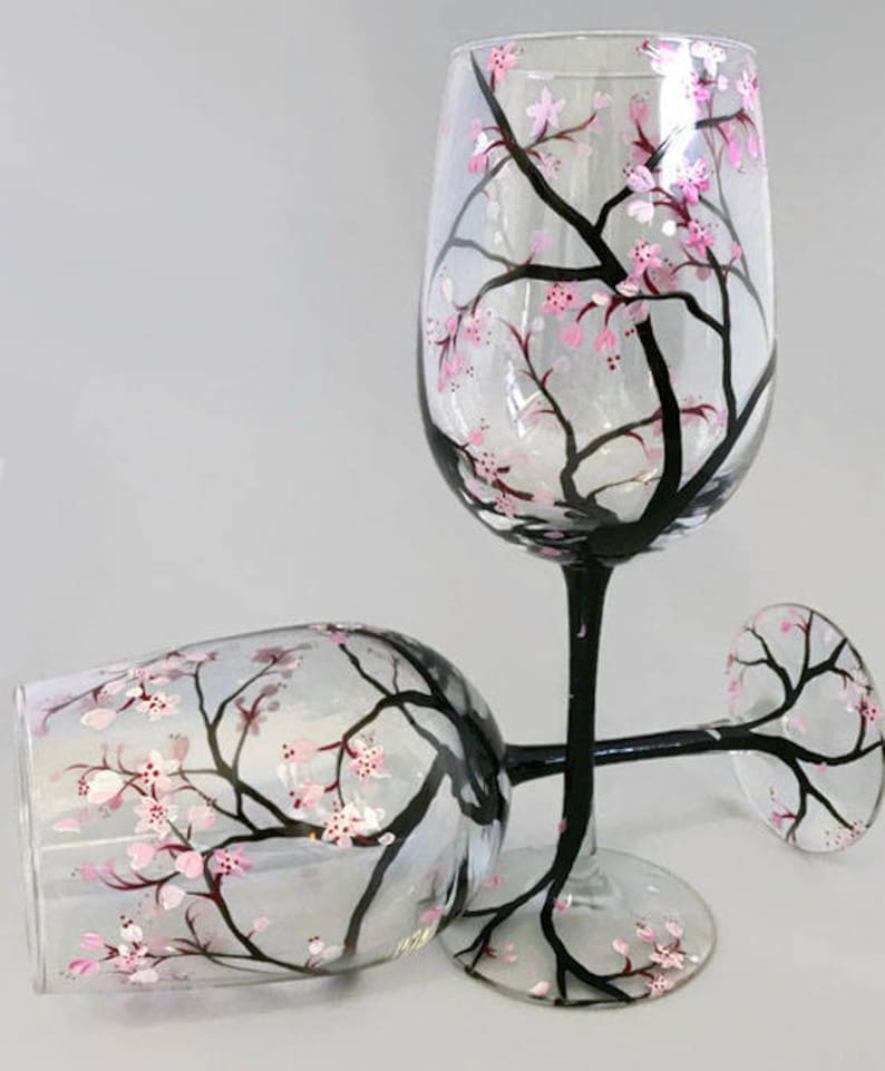 Cherry Blossom Hand Painted Wine Glass Pink Flower Spring Etsy