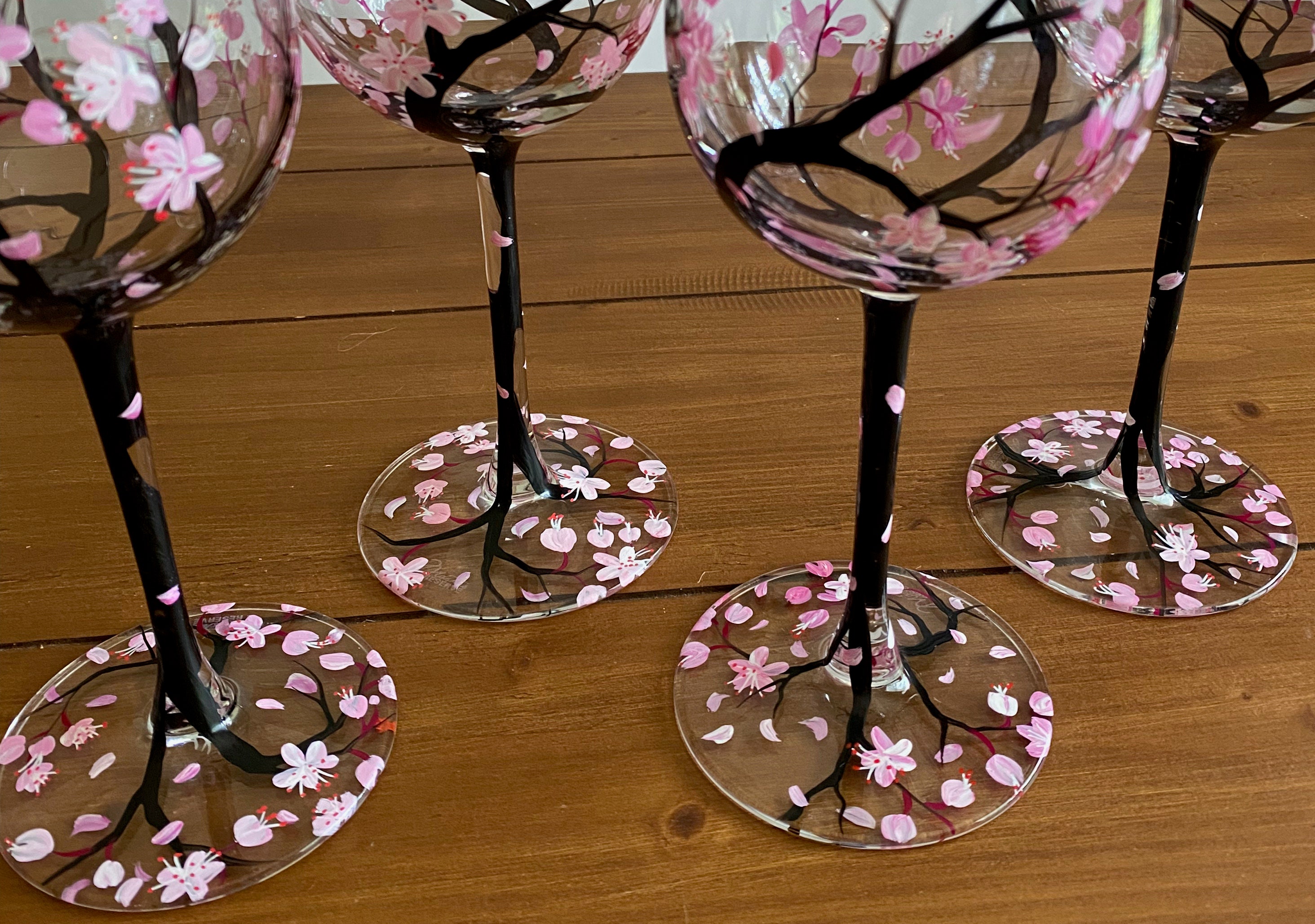 Hand Painted Cherry Blossom Wine Glass