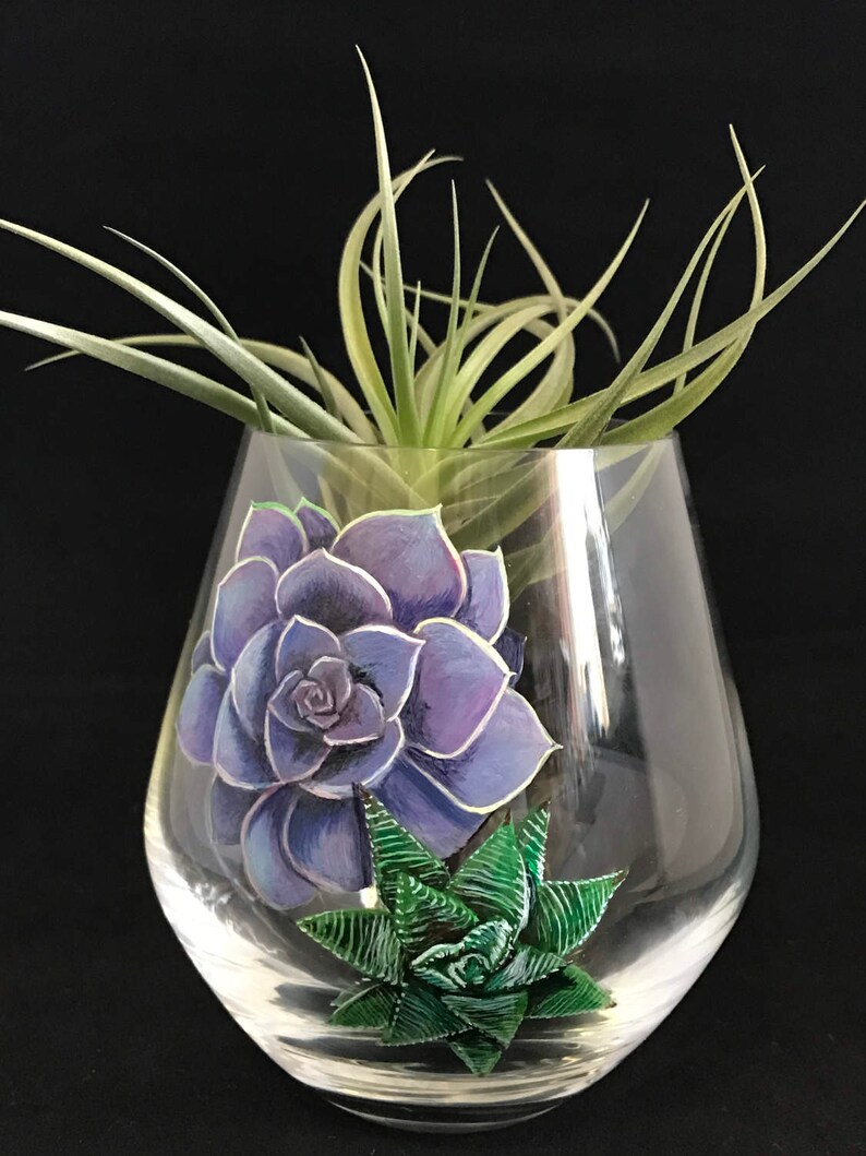 Succulent Wine Glasses Art Hand Painted Stemless Air Plants Etsy