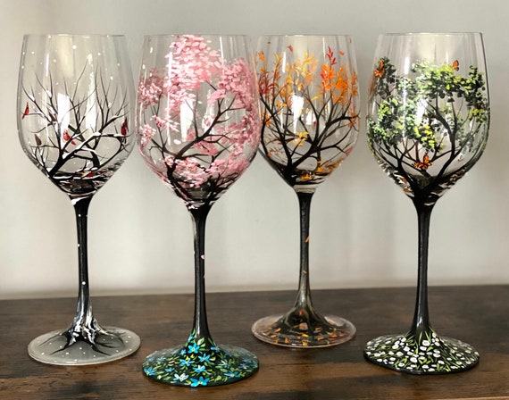Four Seasons Tree Wine Glasses Spring Summer Winter Fall Set of Four Hand  Painted Art Unique Wedding Anniversary Birthday Housewarming Gift 