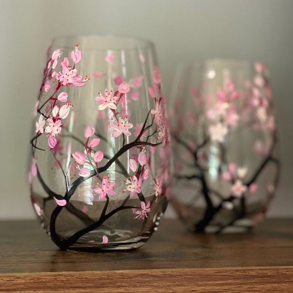 Cherry Blossom Hand Painted Wine Glass Pink Flower Spring Washington DC Zen Garden Party Stemless Stylish Kitchen Decor Unique Gift idea Art