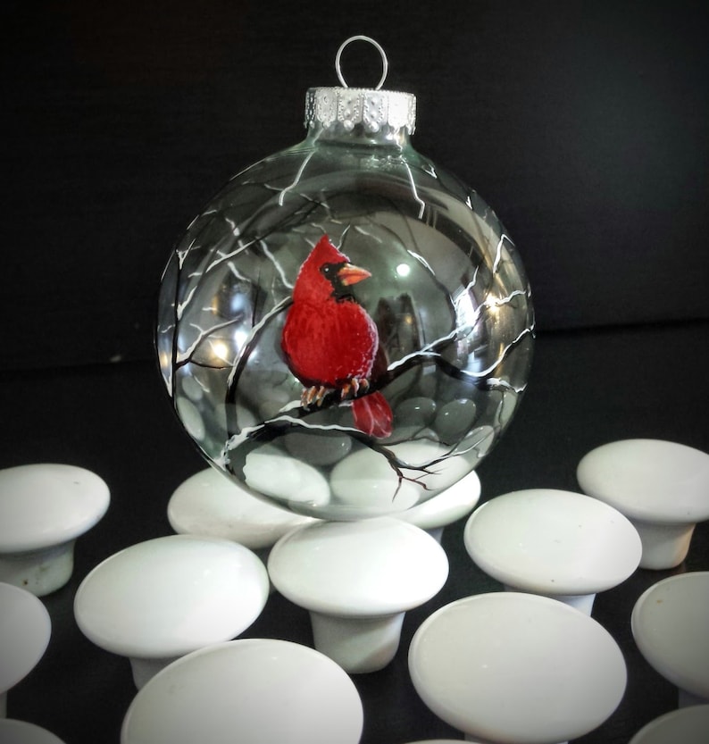 Cardinal Ornament Hand Painted Glass Holiday Christmas Tree Etsy