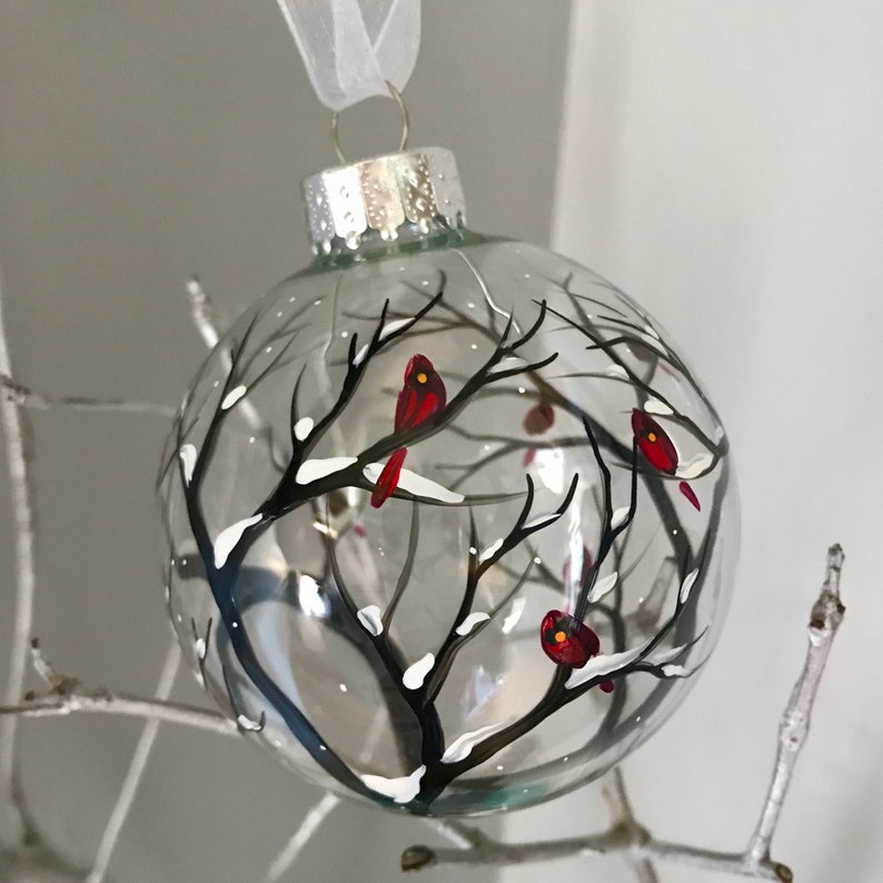 Red Cardinal Winter Ornament Snowy Tree Branch Holiday Gift Hand Painted Christmas White December Glass Personalized Unique Bird Collectible