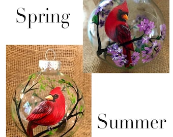 Cardinal Hand Painted Glass Ornament Globe Seasonal Summer Spring Lilac Spritual Gift Sentimental Personalized Custom Bird Tree Branch Art