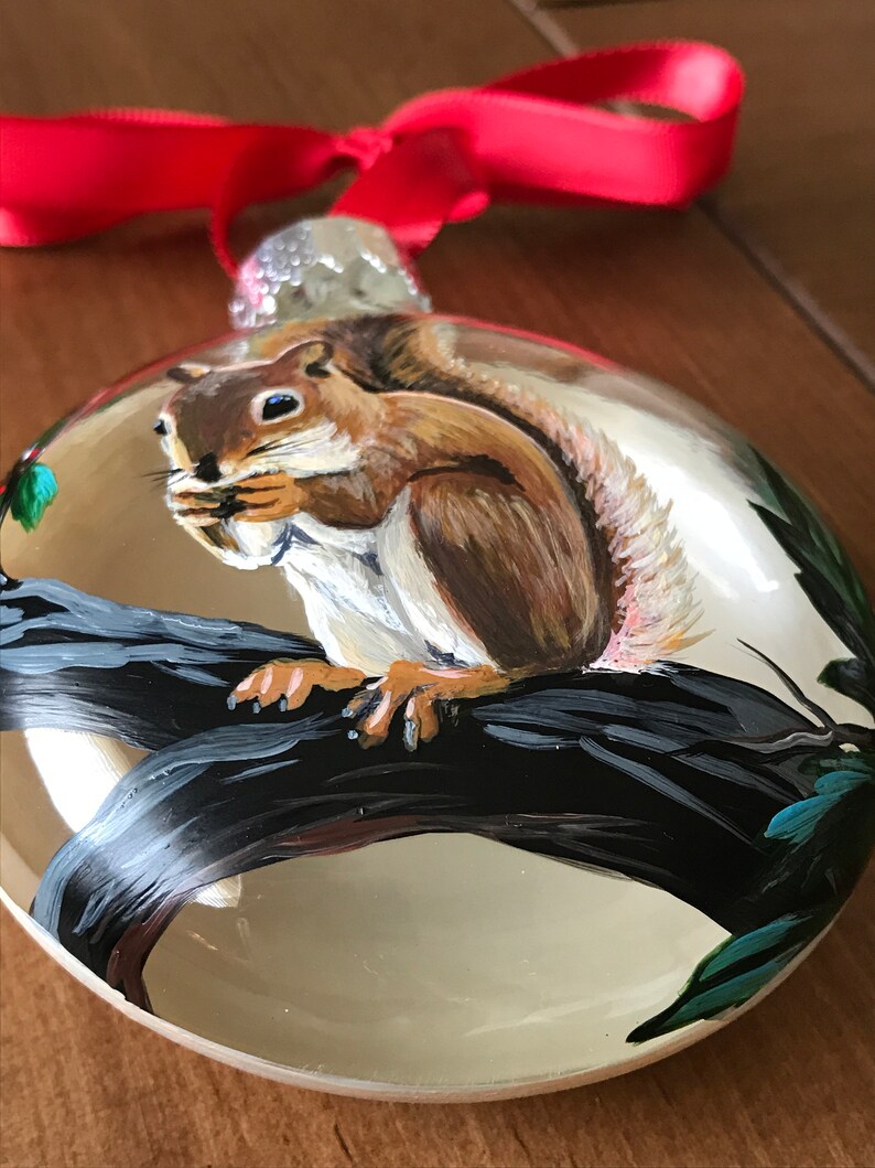 Squirrel Christmas Ornament Hand Painted Glass Woodland Etsy