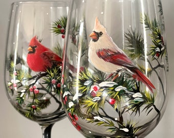 Upgraded Cardinal Wine Glass Winter Red Spirit Bird Snowy Tree Branches Hand Painted Realistic Collectible Christmas Stemware Unique  Nature