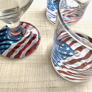 American Flag Patriotic Whiskey or Wine Glass Hand Painted Unique Military USA Citizenship Gift Personalize Red White Blue 4th of July Rocks