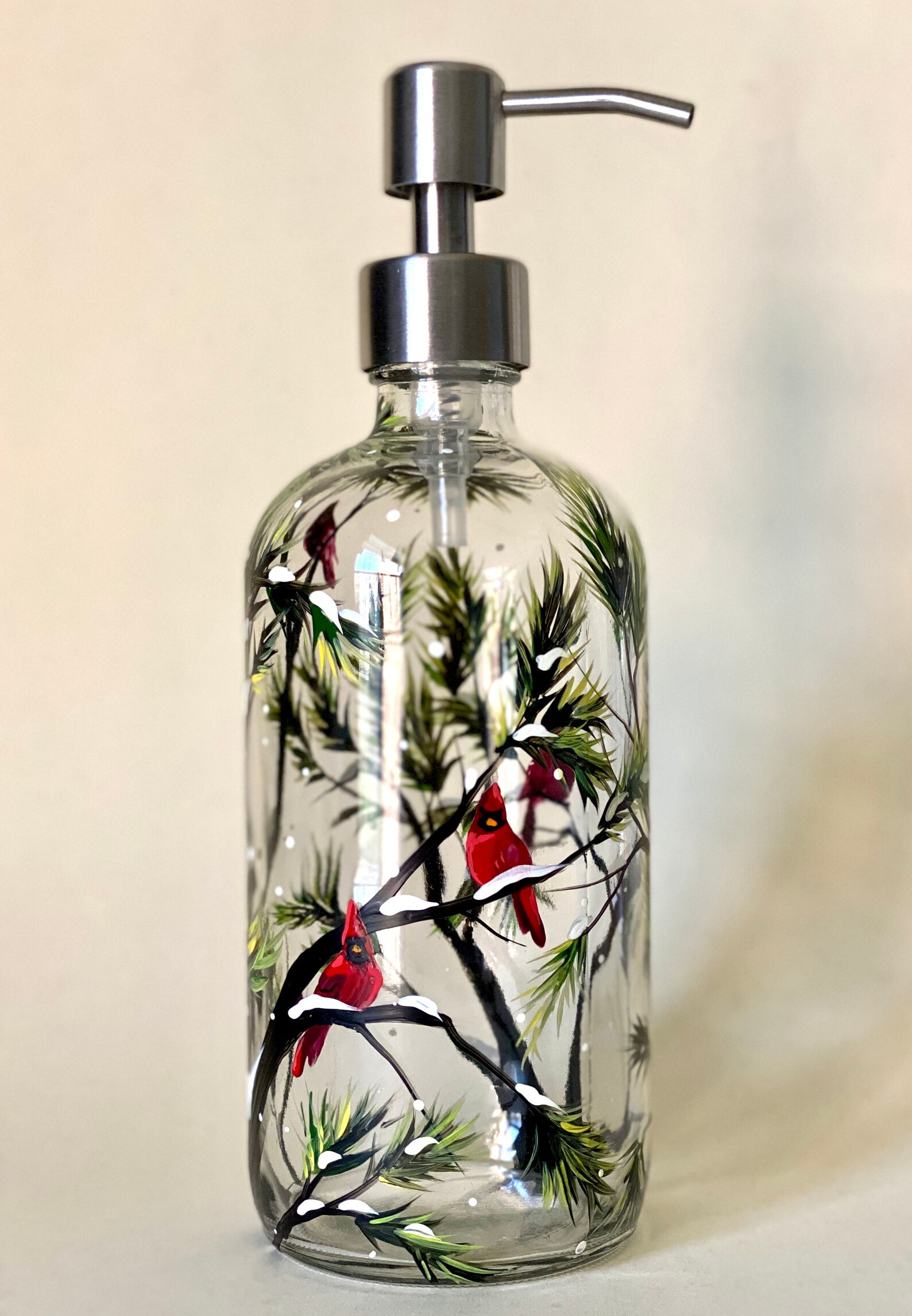 Cardinal Soap Dispenser Hand Painted Winter Pine Branch Snowy Etsy