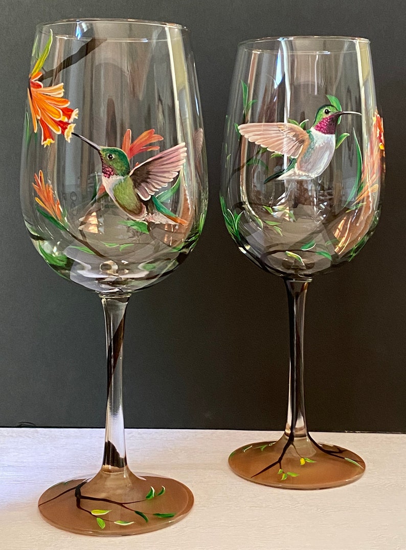 Hummingbird Wine Glass Hand Painted Floral Tree Summer Bird Etsy