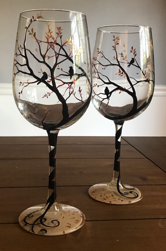 Hand Painted Stemmed Wine Glass Autumn Fall Birds Collectible Stemware -  Etsy