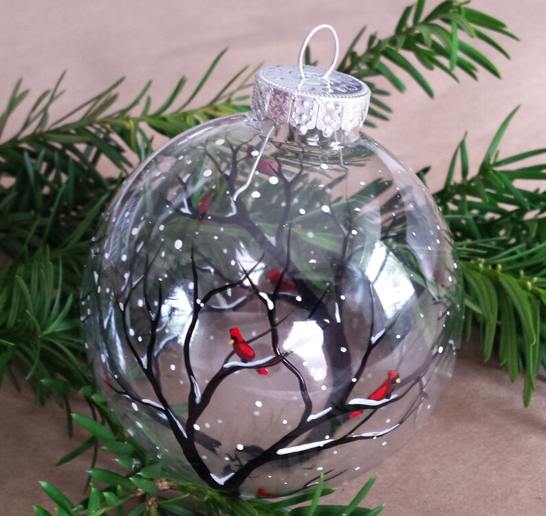 Red Cardinal Winter Ornament Snowy Tree Branch Holiday Gift Hand Painted Christmas White December Glass Personalized Unique Bird Collectible