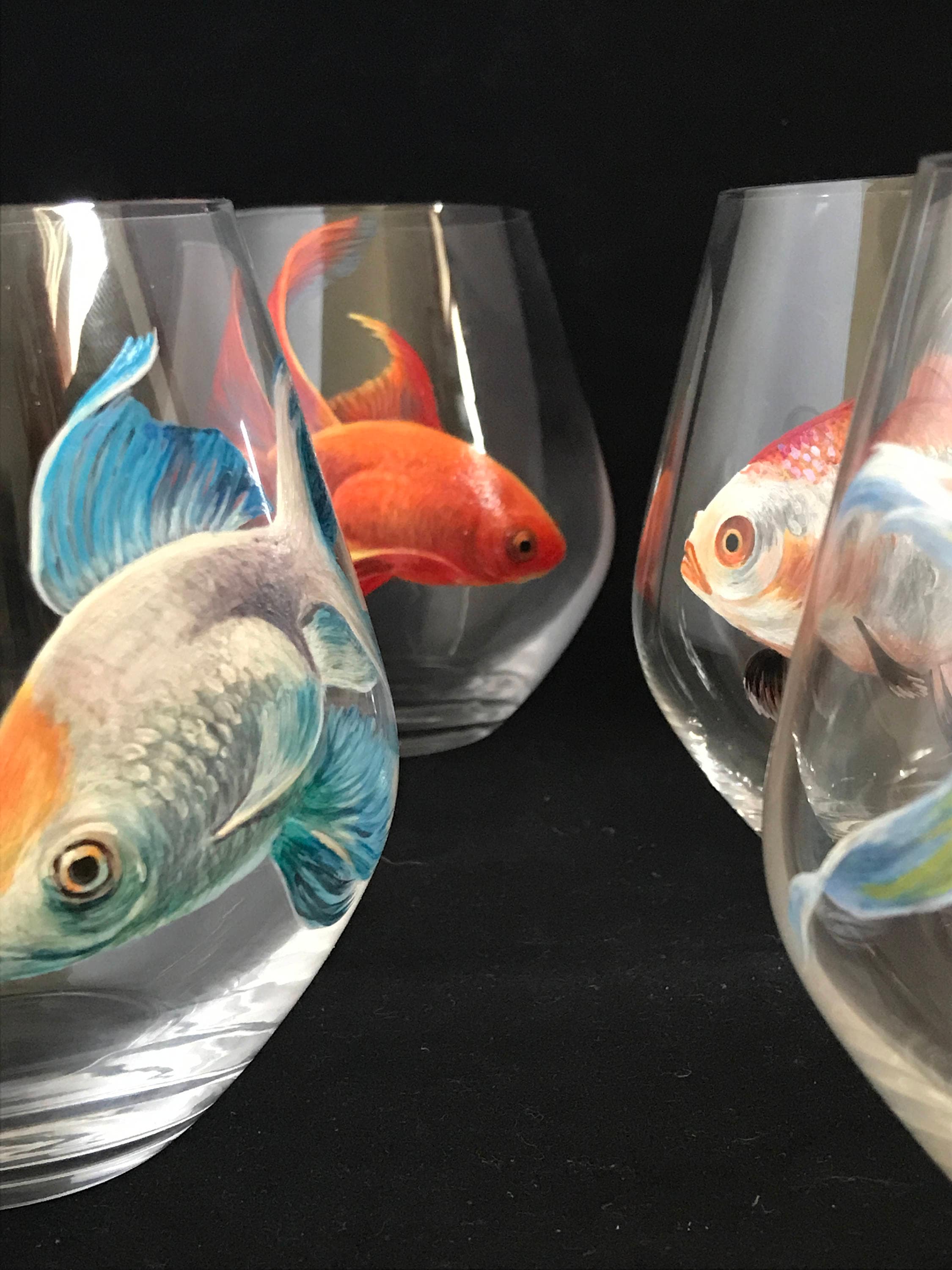 Gold Fish Bowl Stemless Red Wine Glass Hand Painted Unique Etsy