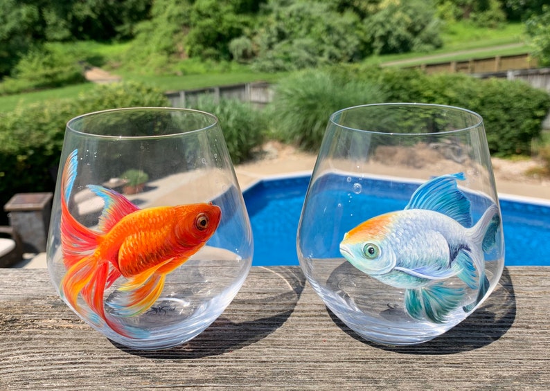 Gold Fish Bowl Stemless Red Wine Glass Hand Painted Unique Etsy