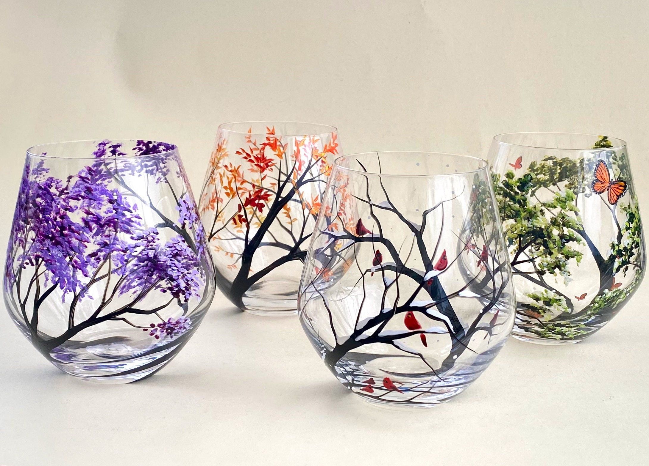 GKWW 4pcs Hand Painted Wine Glass Four Seasons Tree Wine Glasses Fall Leaves Flower Seasons Colored Wine Glasses for Wine Cocktails Novelty Gift for