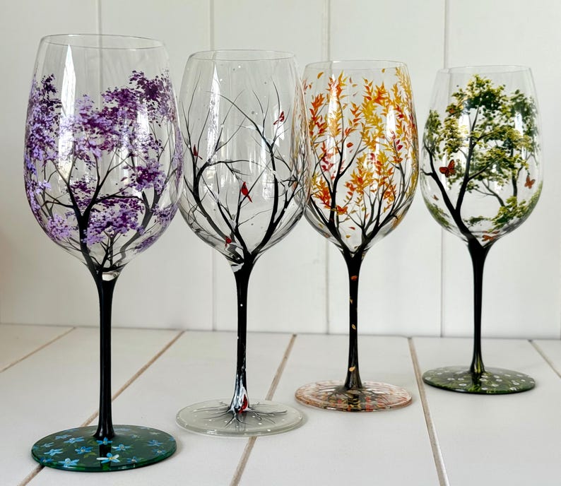 Hand Painted Stemmed Wine Glass Singles OR Set of Four Seasonal Collectible Glassware image 11