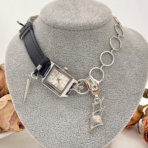 Black Strap Watch Necklace, Silver Cyberpunk Watch Choker, Retro Watch, Niche Statement Necklace, Elegant Chain Choker, Timepiece Necklace