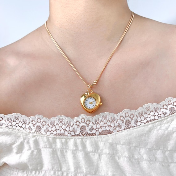 Minimalist Gold Watch Necklace, Silver Watch Choker, Heart Choker Necklace, Vintage Pendant Necklace for Women, Unique Birthday Gift for Her