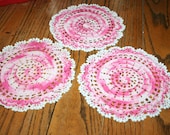 Set of three Vintage Crocheted Round Doily Variegated Pink and White Edging