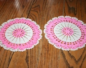 Pair of Vintage Crocheted Round Doily Ecru and Pink