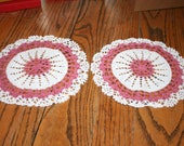 Pair of Vintage Crocheted Round Doily White and Burgundy