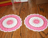 Pair of Vintage Crocheted Round Doily White and Pink